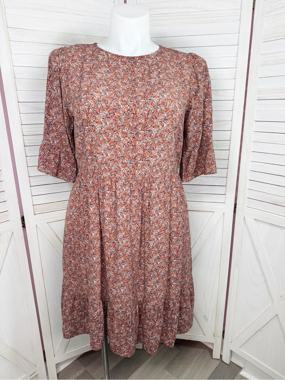 Loft Ditsy Floral Print Tiered Babydoll Dress Rust Orange 12 Boho Cottagecore